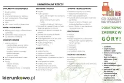 Lista na wyjazd: dokumenty, kosmetyki, leki, ubrania, jedzenie, elektronika i akcesoria. Dodatkowo w góry: kurtka, bielizna termoaktywna, buty trekkingowe.