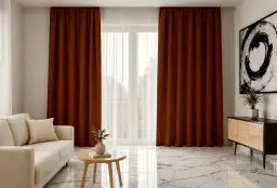 Eleganckie, rudobrązowe firany w salonie tworzą przytulną atmosferę. Obok nich jasna kanapa i stolik kawowy.