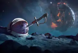 Na księżycu leży hełm astronauty z napisem "Twardowski", przebity szablą. W tle płonąca planeta.