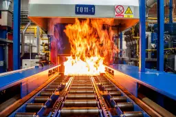 Płomienie buchają z pieca, w którym odbywa się nawęglanie stali. Taśmociąg z rolkami transportuje metal przez gorący proces.