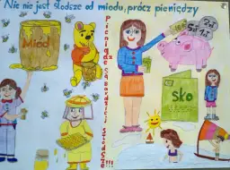 Przysłowia polskie rysunki: miód, pszczoły, Kubuś Puchatek i świnka skarbonka ilustrują powiedzenie "Nic nie jest słodsze od miodu, prócz pieniędzy".