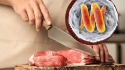 Niedopieczona wieprzowina może grozić zakażeniem włośnicą. Obraz przedstawia surowe mięso i spiralne pasożyty.