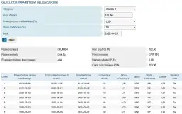 Kalkulator parametrów obligacji KRUK z polami do wprowadzania danych i tabelą z okresami odsetkowymi.