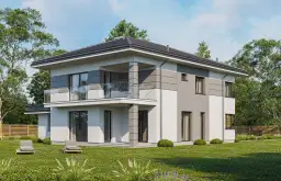 Nowoczesny dom w szmaragdach zieleni, z tarasem i dwoma leżakami czekającymi na słońce.