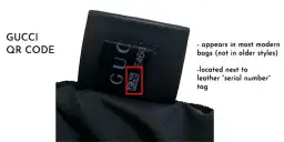 QR kod na metce torebki Gucci, potwierdzający jej oryginalność. Znajduje się obok numeru seryjnego.