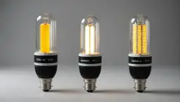 Trzy żarówki LED w szklanych obudowach, każda z innym odcieniem światła. Czy to oznacza, że cob to technologia?