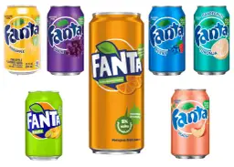 Puszki napojów Fanta o różnych smakach: pomarańczowa, winogronowa, egzotyczna, brzoskwiniowa, jagodowa i grejpfrutowa.