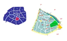 Mapa Paryża z zaznaczonymi dzielnicami. Wyróżniona 5 dzielnica Paryża, znana z Panteonu i Ogrodu Botanicznego.