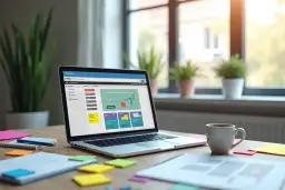 Laptop z panelem WordPress, idealny do nauki, jak postawić stronę na WordPress. Na biurku notatki i kawa.