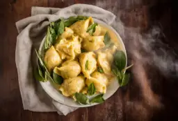 Parująca porcja klusek śląskich w sosie, udekorowana zielonymi listkami, na talerzu.