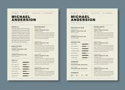 Dwa przykładowe szablony CV z sekcjami: profil, doświadczenie, edukacja, umiejętności, organizacja, ekspertyzy, nagrody i hobby.