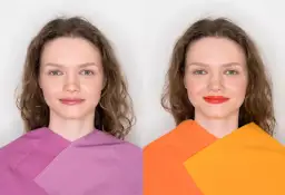 Kobieta z falowanymi włosami prezentuje dwa typy urody: po lewej w delikatnych, pastelowych barwach, po prawej w intensywnych, ciepłych odcieniach. Idealny **soft summer**.