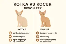 Ilustracja porównująca kotkę i kocura rasy Devon Rex, z ich cechami charakteru.