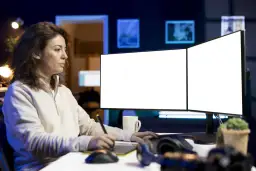 Kobieta pracuje przy dwóch monitorach, jeden z nich jest wyłączony.