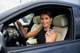Uśmiechnięta młoda kobieta w samochodzie trzyma prawo jazdy. Zastanawiasz się, ile trwa kurs na prawo jazdy?