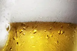 Zbliżenie na szklankę piwa z kroplami kondensacji i białą pianką na górze.