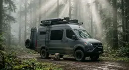 Szary bus z napędem 4x4, gotowy na przygodę w lesie. Na dachu bagażnik z wyposażeniem, z boku drabinka i koło zapasowe.