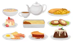 Różnorodne jedzenie po angielsku alfabetycznie: owsianka, budyń, ryba z frytkami, zapiekanka, kotlety jajeczne, śniadanie, ciasto, pudding.