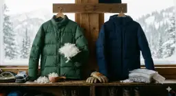 Zielona i granatowa puchowa kurtka na zimę, obok rękawiczki i czapki. Idealna na mroźne dni.