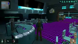 Postacie w grze Star Wars: Knights of the Old Republic II, z widocznym interfejsem i menu, sugerujące kotor 2 spolszczenie.