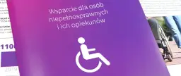 Fioletowy baner z napisem "Wsparcie dla osób niepełnosprawnych i ich opiekunów" oraz symbolem wózka inwalidzkiego.