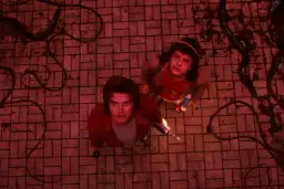 Steve i Dustin patrzą w górę, gotowi na ostateczną walkę w Stranger Things final. Ciemne macki wiją się na czerwonej posadzce.