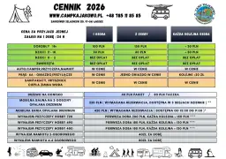 Cennik 2026: ile kosztuje pole namiotowe? Ceny za osobę, dzieci, zwierzęta, prąd, sanitariaty, wynajem namiotu i przyczepy.