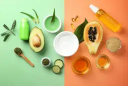 Kosmetyki i naturalne składniki: awokado, aloes, papaja, miód, ogórek.