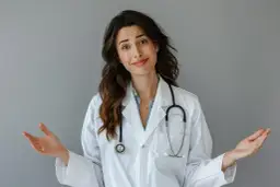 Lekarka z uniesionymi ramionami, jakby mówiła "nie wiem", gdy pacjent zgłasza reklamację plomby.