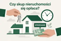 Ręce wymieniają klucze do domu na pieniądze. Czy skup nieruchomości się opłaca? Zegar symbolizuje czas.