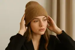 Młoda kobieta w czarnej marynarce i ciepłej, brązowej czapce damskiej poprawia ją na głowie.