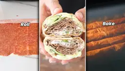 Trzy etapy przygotowania domowego kebaba: mielone mięso, przekrojony kebab w tortilli i pieczone rolady.