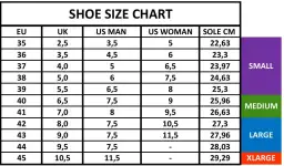 Tabela rozmiarów obuwia: ile cm to jaki rozmiar buta. Od EU 35 do 45, z podziałem na UK, US MAN, US WOMAN i długość wkładki w cm.