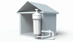 Schemat domu z zamontowanym filtrem wody i rurami.