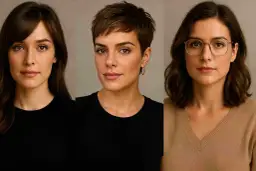 Trzy kobiety prezentujące nowoczesne fryzury damskie: długie fale, krótki pixie cut i falowane włosy do ramion.