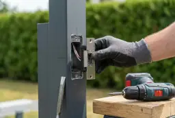 Montaż elektrozaczepu do drzwi. Ręka w rękawicy przykręca element do słupka. Obok wiertarko-wkrętarka.