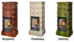 Trzy piece kaflowe z płaszczem wodnym: brązowy, piaskowy i zielony. Każdy z nich ozdobiony jest kafelkami z wypukłymi wzorami.