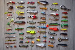 Duży wybór kolorowych przynęt spinningowych na suma ułożonych na drewnianym tle.