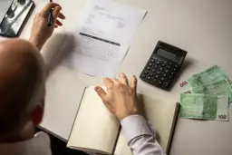 Mężczyzna analizuje fakturę, kalkulator i pieniądze. Zastanawia się, czy przegrany pokrywa koszty adwokata.