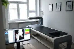 Gabinet do densytometrii. Na ekranie wyniki badania kręgosłupa, szyjki kości udowej.