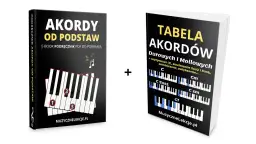 Dwie książki: "Akordy od podstaw" i "Tabela akordów" z przykładami chwytów na pianino.