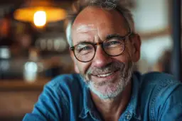 Uśmiechnięty mężczyzna w okularach i dżinsowej koszuli.