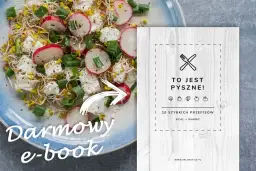 Sałatka z kiełków, rzodkiewki i sera feta obok okładki darmowego e-booka z przepisami.