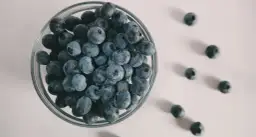 Szklana miska pełna borówek, kilka rozsypanych obok. Czy koty mogą borówki? To pytanie nurtuje wielu właścicieli.