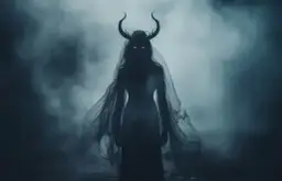 Postać z rogami i płonącymi oczami, otulona welonem. Widok jak z koszmarnego snu o demonach.