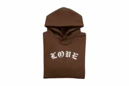 Brązowa bluza z kapturem z białym napisem "LOVE" w stylu gotyckim.