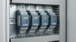 Cztery moduły VIOX, każdy z wyświetlaczem cyfrowym i diodami LED, podłączone przewodami w szafie sterowniczej. To zaawansowane przekaźniki czasowe, nie styczniki.