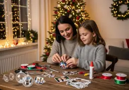 Mama i córka tworzą bombkę ze zdjęciem. Wesołe święta i jak zrobić własną, spersonalizowaną ozdobę.