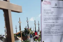 Cmentarz z krzyżami i zniczami. Cennik parafii wymienia opłatę za pogrzeb z Mszą św.