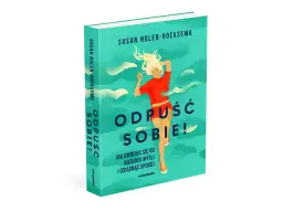 Okładka książki "Odpuść sobie!" Susan Nolen-Hoeksema. Kobieta z rozwianymi włosami w czerwonej bluzce symbolizuje magię olewania natrętnych myśli.